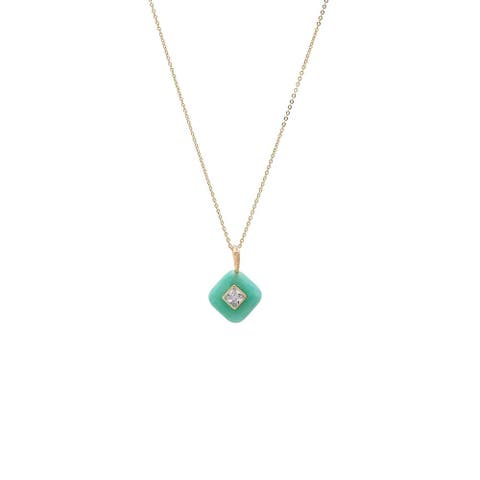 CZ Square Bezeled Natural Stone Pendant Necklace