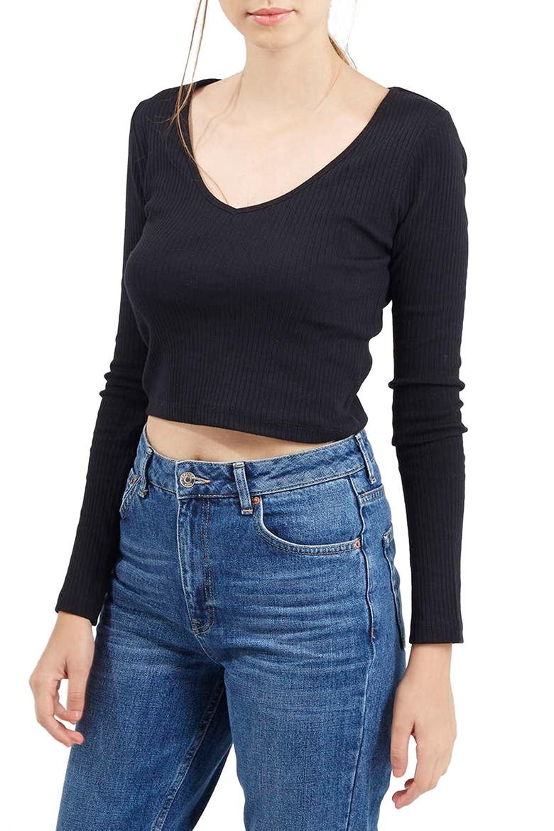 V-Neck Crop Sweater, Main, color, BLACK