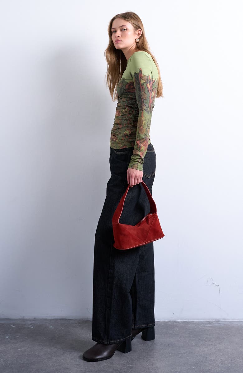 Topshop Print Ruched Top, Alternate, color, Medium Green