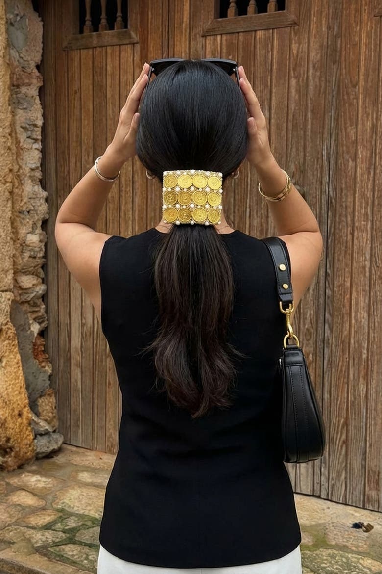 Embellished Coin Ponytail Holder - Gold, Alternate, color, Gold