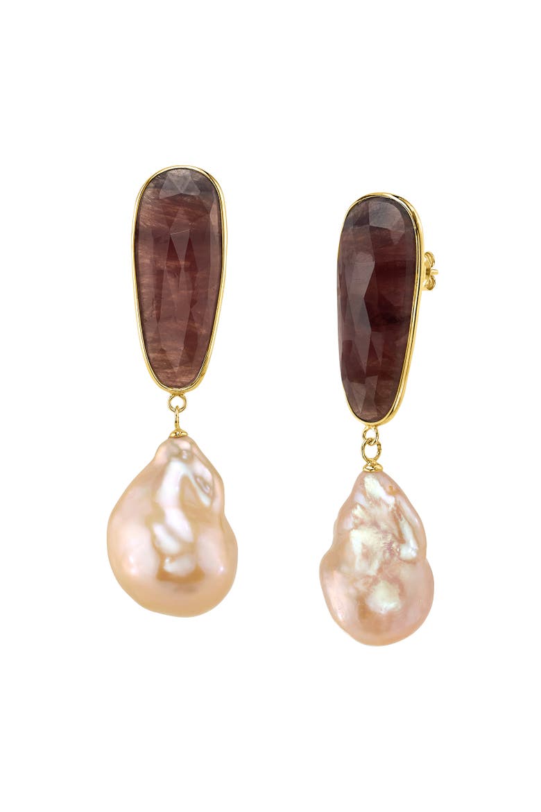 Peach Freshwater Baroque Pearl Katana Earrings, Main, color, Yellow Gold Fill
