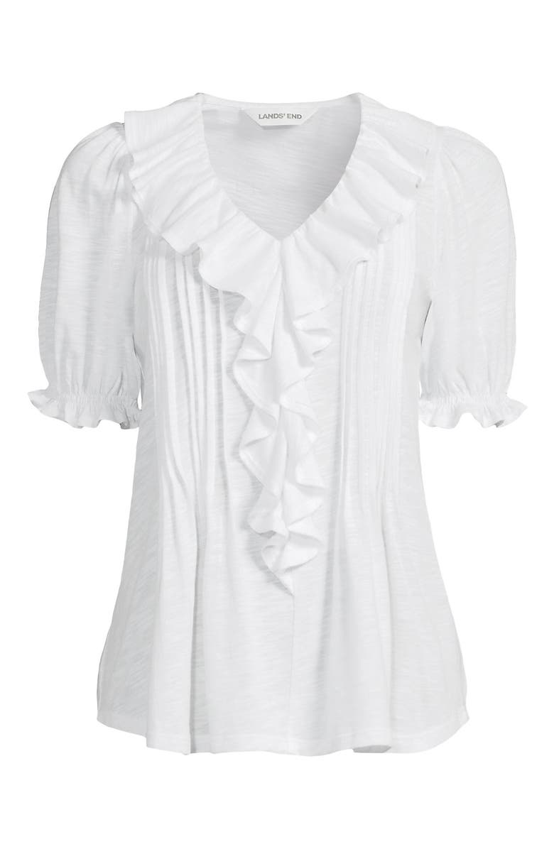 Lands' End Puff Sleeve Slub Ruffle Pintuck Top, Alternate, color, White