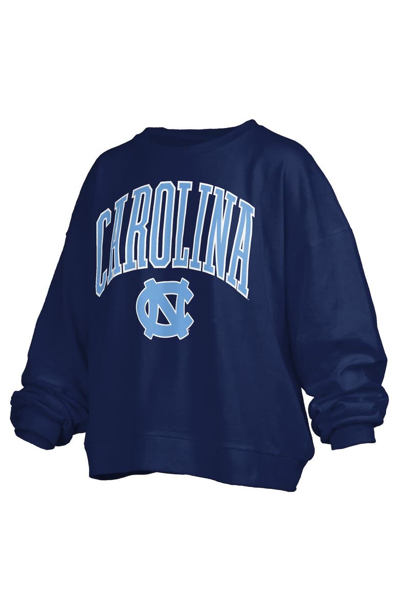 PRESSBOX Women's Pressbox Navy North Carolina Tar Heels Janise Arch Over Logo Waist Length Oversized Pullover Sweatshirt, Alternate, color, Navy