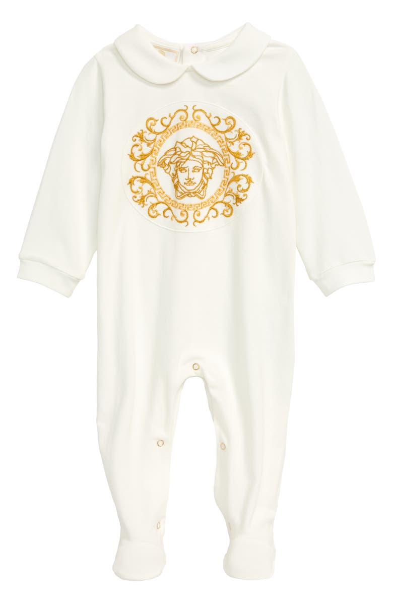 Versace Logo Embroidered Romper, Main, color, 