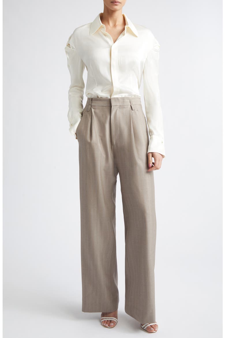 Twisted Shoulder Satin Button-Up Shirt, Alternate, color, IVORY