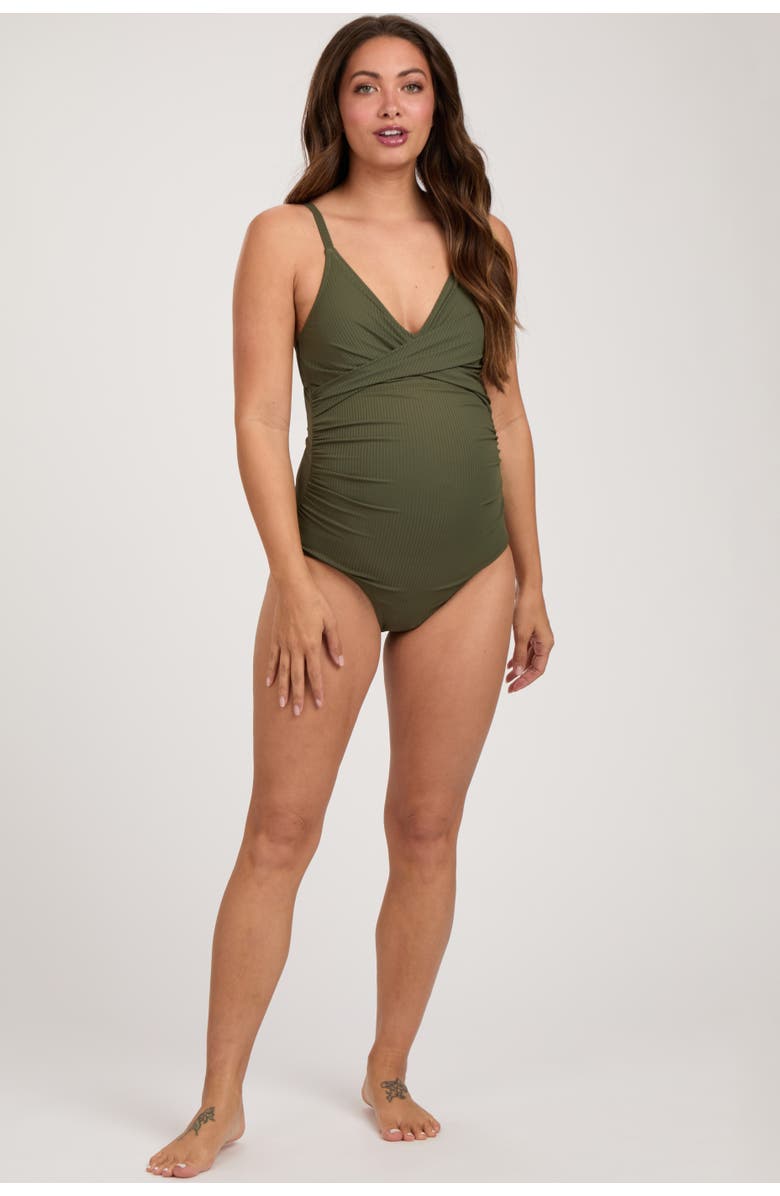 PinkBlush Ribbed V-Neck Ruched Back Cut-Out One Piece Swimsuit, Alternate, color, Olive Green