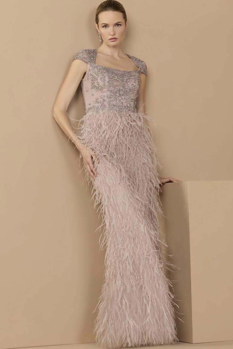Embellished Cap Sleeve Feather Gown, Alternate, color, Mocha