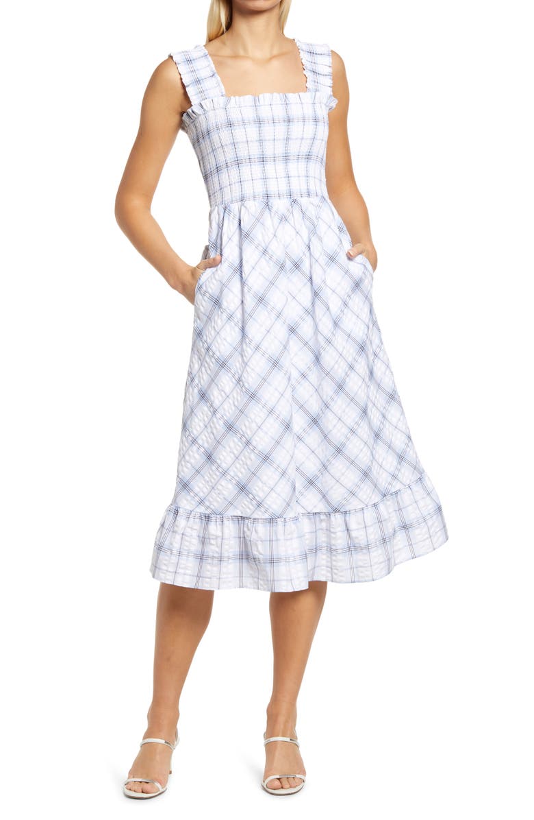 Eliza J Smocked Plaid Cotton Seersucker Midi Sundress, Main, color, 