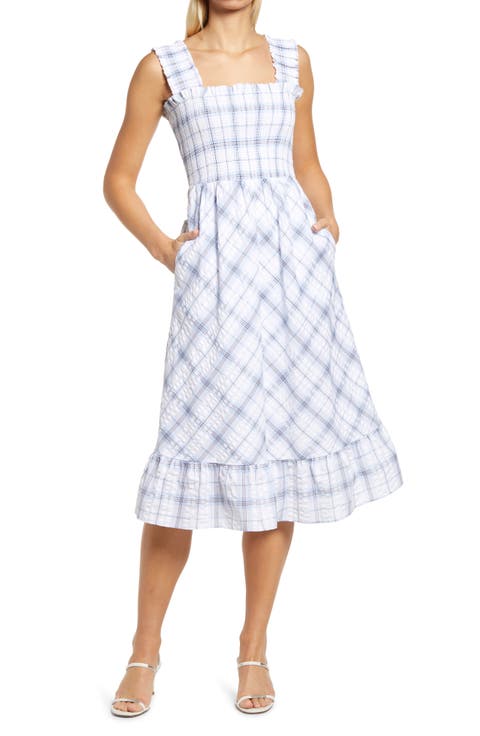 Smocked Plaid Cotton Seersucker Midi Sundress