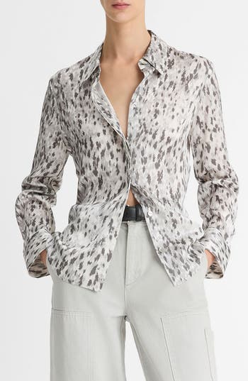 Vince Abstract Onyx Slim Fit Satin Silk Shirt In Grey Onyx