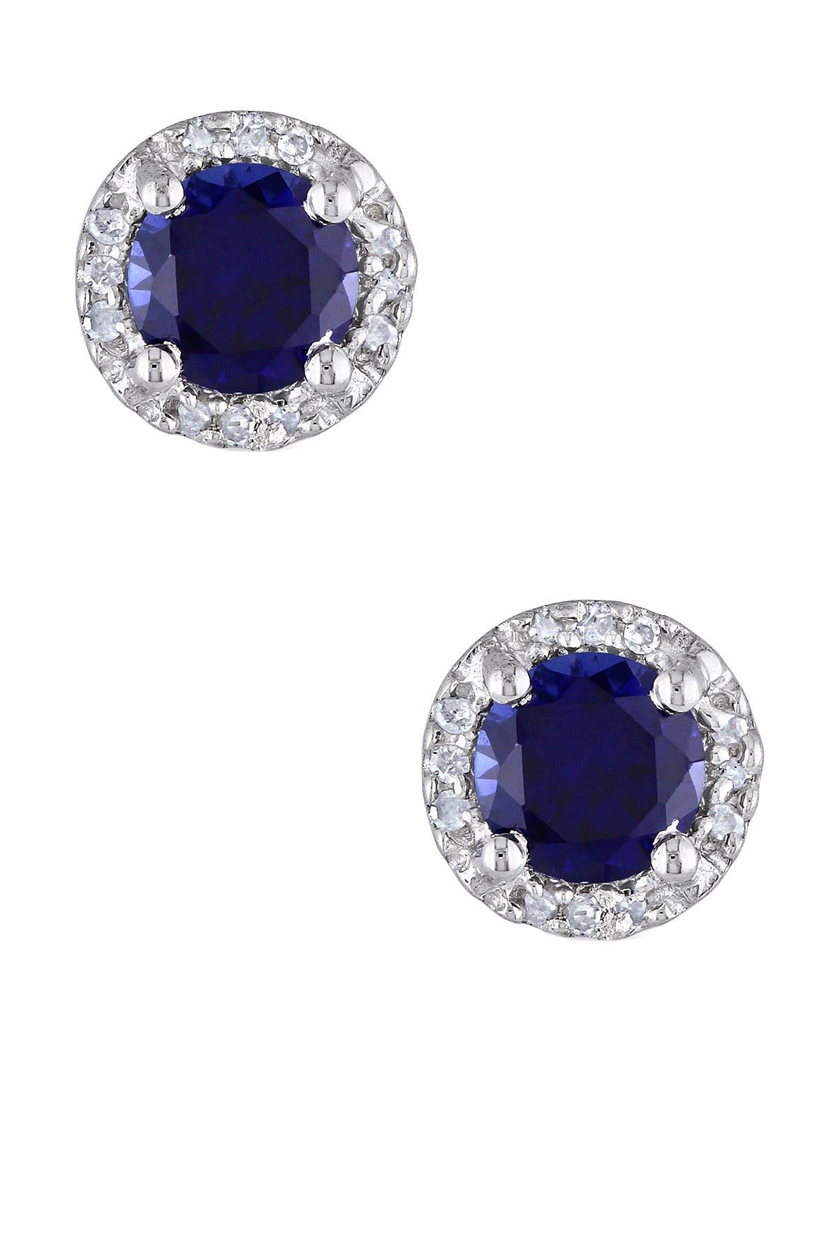 DELMAR Sterling Silver Created Blue Sapphire & Diamond Round Stud Earrings
