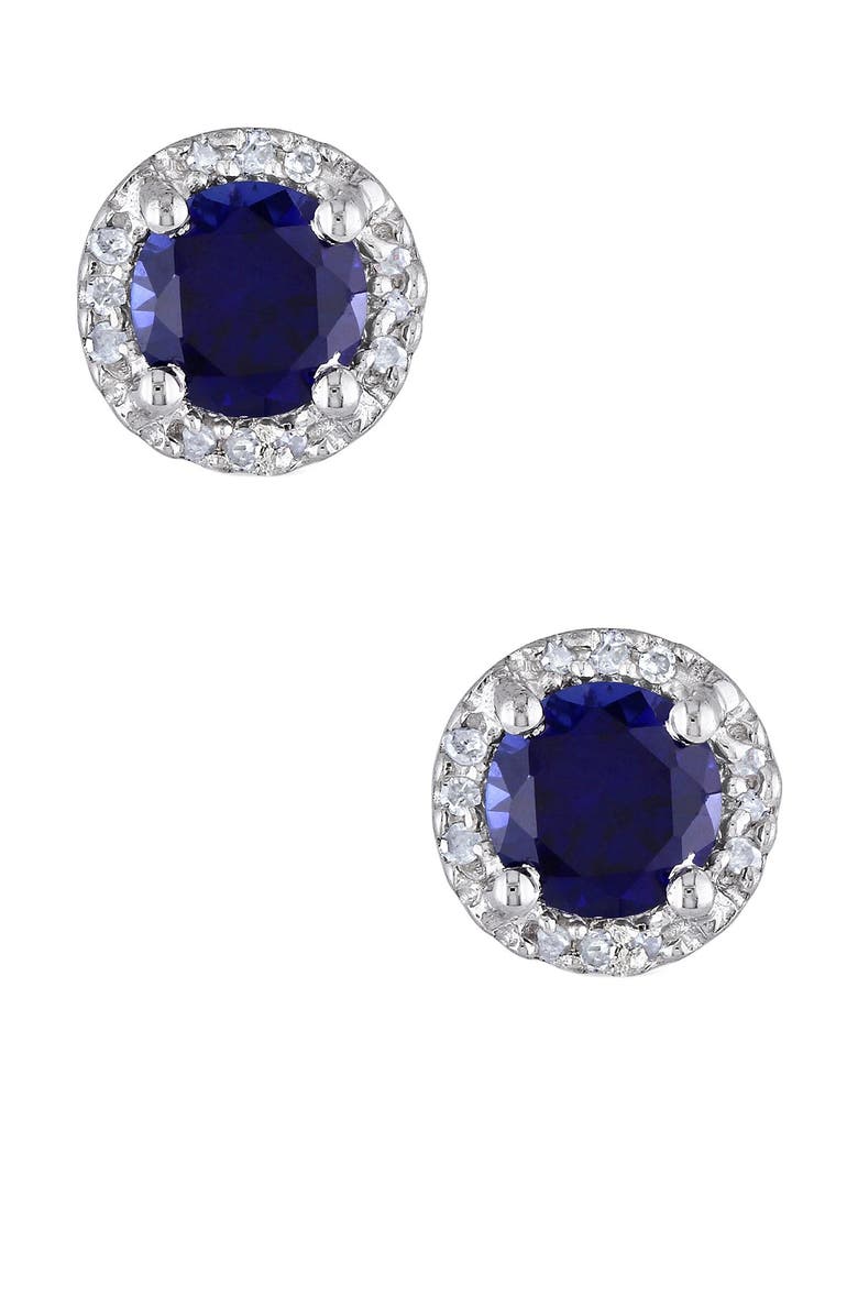 DELMAR Sterling Silver Created Blue Sapphire & Diamond Round Stud Earrings, Main, color, Blue
