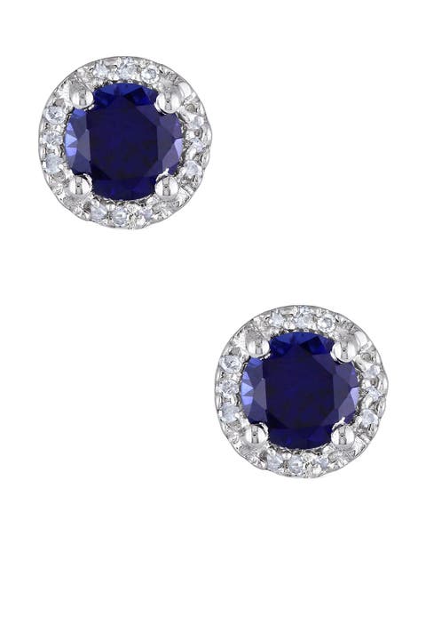 Sterling Silver Created Blue Sapphire & Diamond Round Stud Earrings