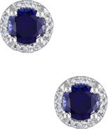 DELMAR Sterling Silver Created Blue Sapphire & Diamond Round Stud Earrings