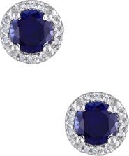 DELMAR Sterling Silver Created Blue Sapphire & Diamond Round Stud Earrings