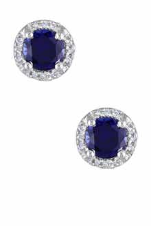 DELMAR Sterling Silver Created Blue Sapphire & Diamond Round Stud Earrings