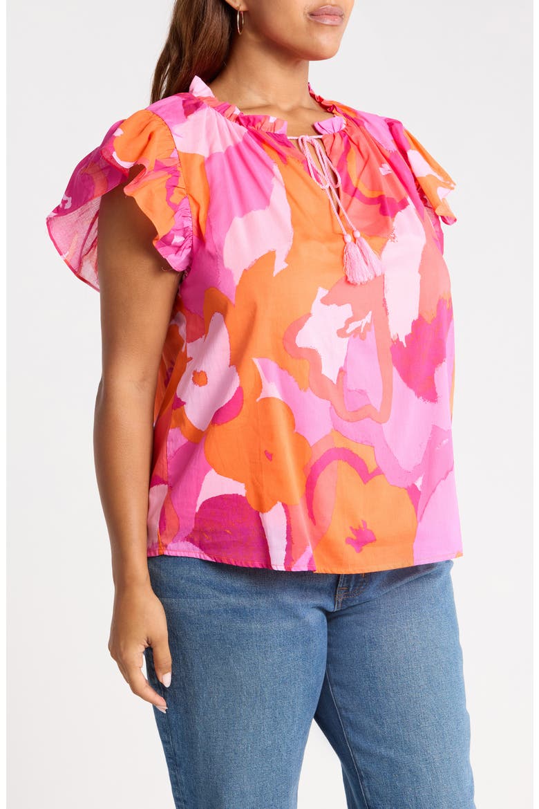 Merim Deniza Floral Split Neck Cotton Top, Alternate, color, ORANGE PINK MULTI