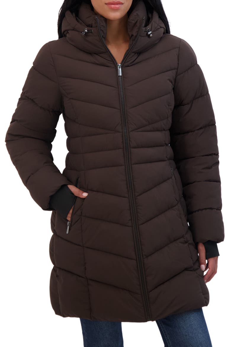 Water Resistant Hooded Long Puffer Jacket, Main, color, BROWN