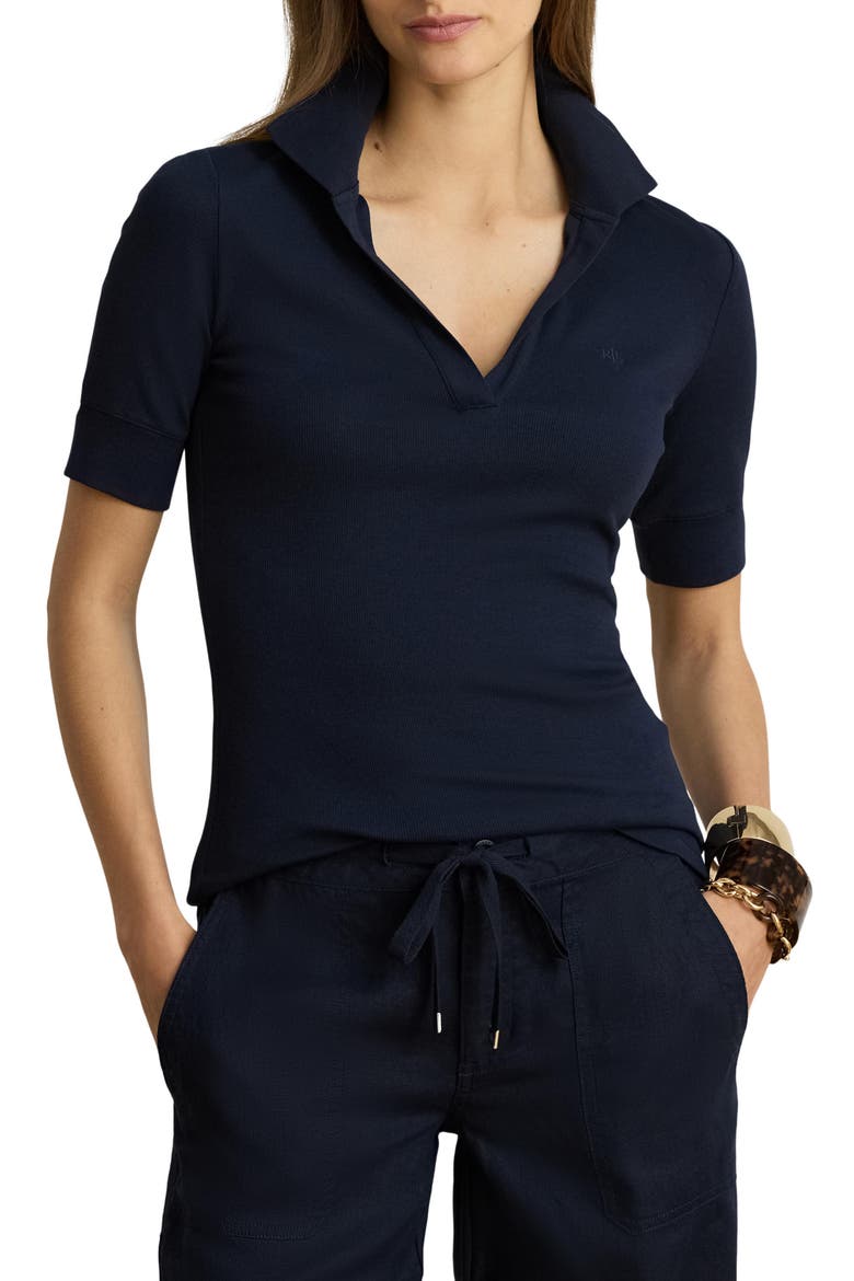 Adeena Stretch Cotton Blend Polo, Main, color, LAUREN NAVY BLUE