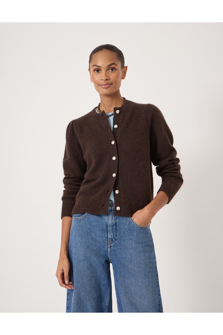 Wool Blend Gathered Shoulder Cardigan, Main, color, Dark Brown