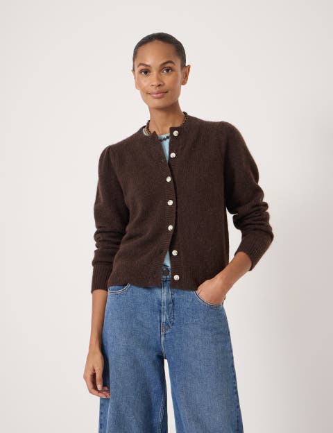 Wool Blend Gathered Shoulder Cardigan