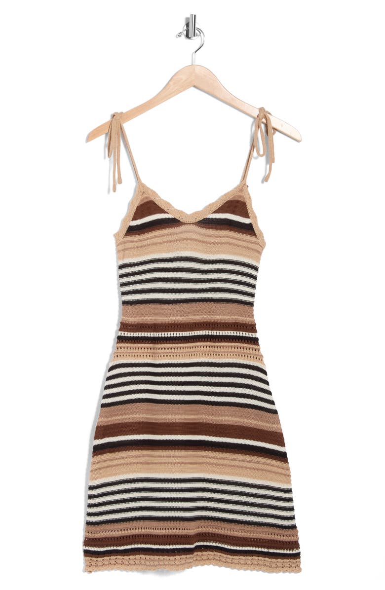 Madden Girl Stripe Tie Strap Pointelle Sweater Dress, Alternate, color, Tan Combo