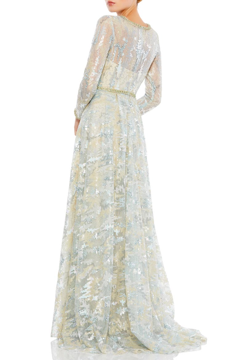 Long Sleeve Embellished Mesh Gown, Alternate, color, PLATINUM
