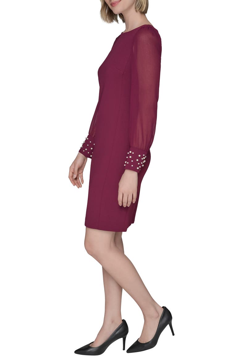 Faux Pearl Cuff Long Sleeve Scuba Crepe Sheath Dress, Alternate, color, WINE