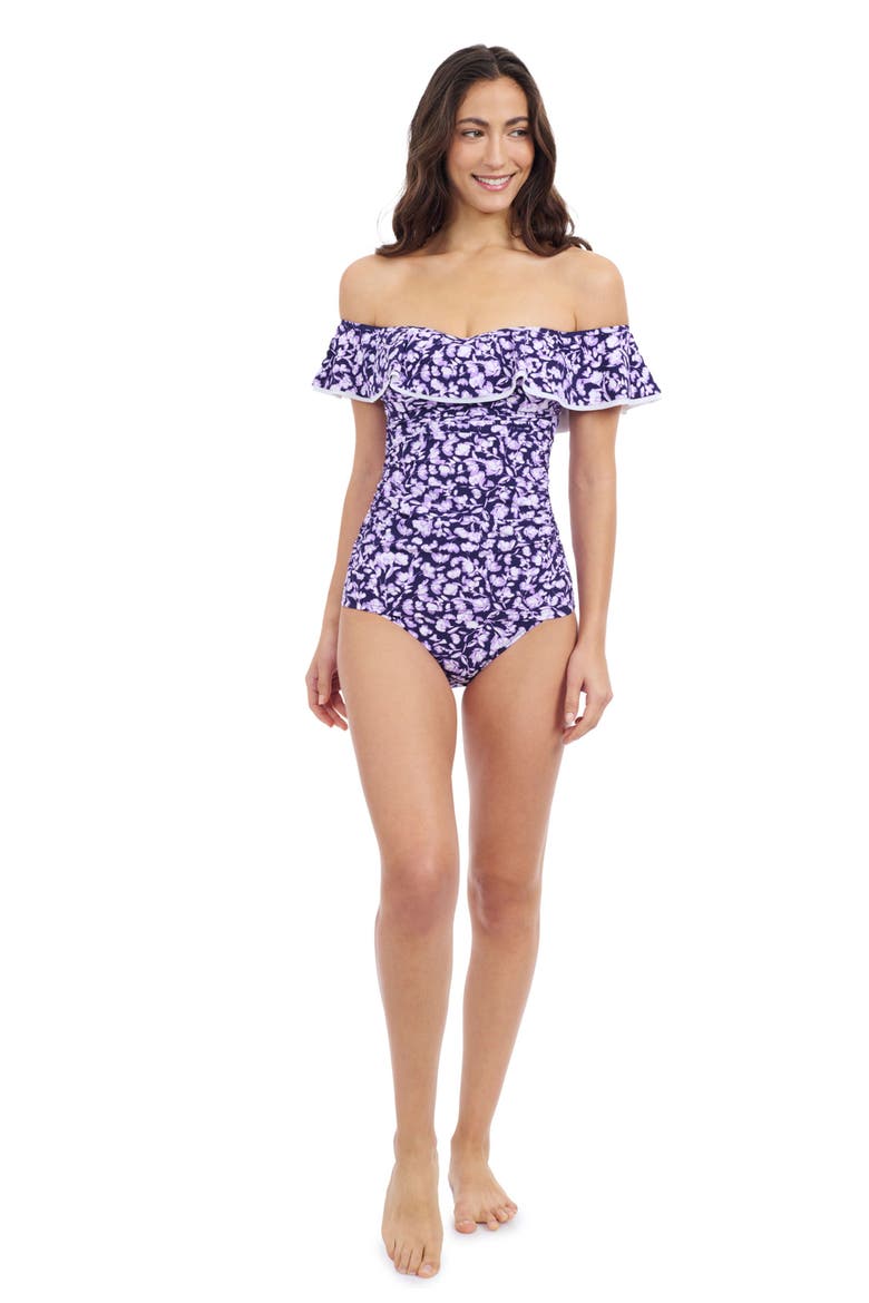 Juliette Off-Shoulder Ruffle Tankini, Main, color, Navy