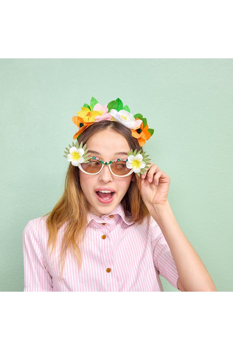 Garden Party Novelty Floral Headband - Natural Raffia Base with Multicolor Paper Raffia Die-Cut Flowers and Leaf Accents, 5x7 Inch, Alternate, color, Multicolor