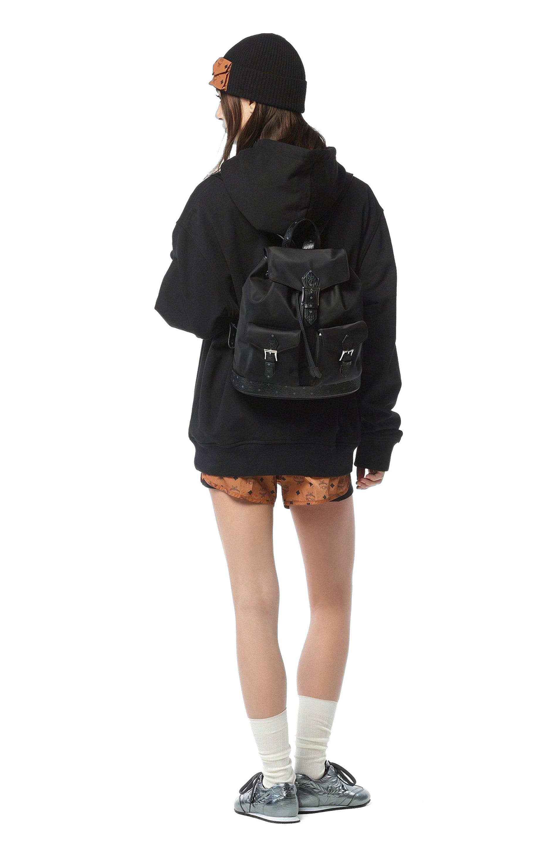 MCM Small Aren Drawstring Backpack in ECONYL and Leather, Alternate, color, Black