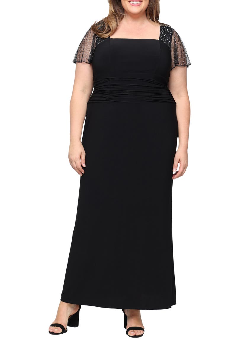 Beaded Chiffon Sleeve Gown, Main, color, BLACK