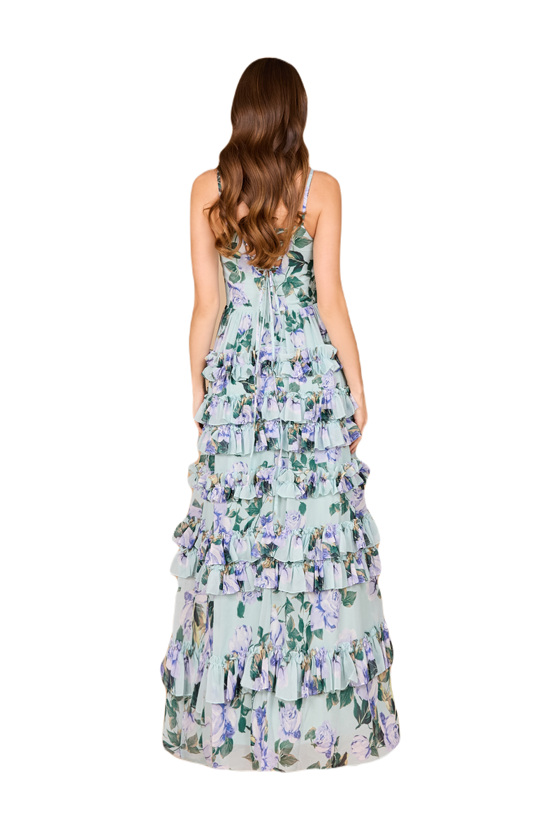 LARA New York Ruffle Skirt Printed Gown with Spaghetti Straps, Alternate, color, Mint