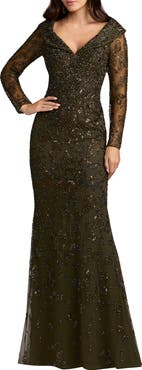 Mac Duggal Portrait Collar Long Sleeve Embellished Gown