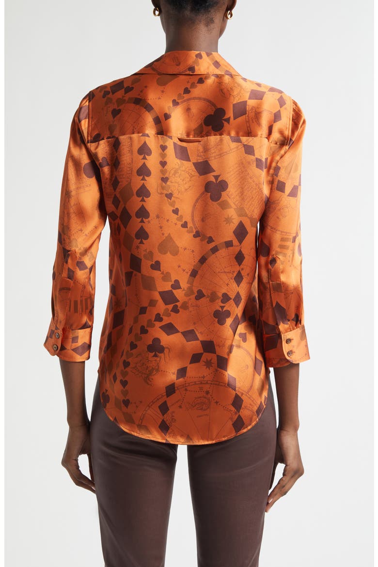 Dani Playing Card Print Silk Button-Up Shirt, Alternate, color, AMBER BROWN PLAYING CARD GEO