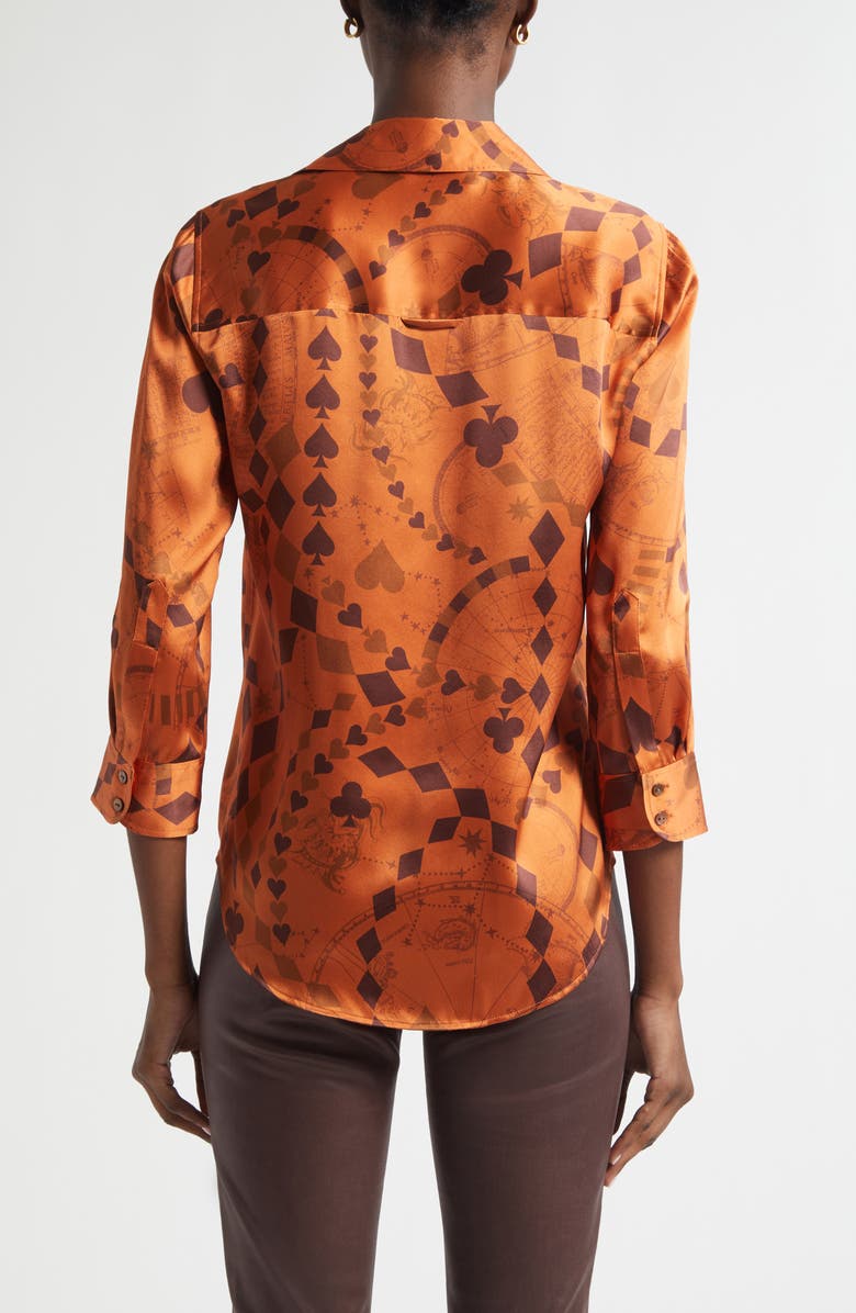 L
AGENCE Dani Playing Card Print Silk Button-Up Shirt, Alternate, color, Amber Brown Playing Card Geo
