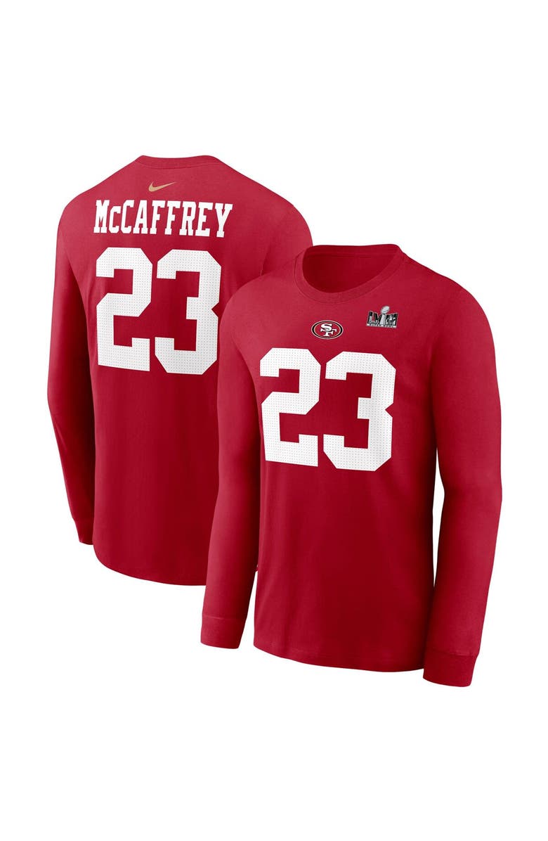 Nike Men's Nike Christian McCaffrey Scarlet San Francisco 49ers Super Bowl LVIII Patch Player Name & Number Long Sleeve T-Shirt, Main, color,