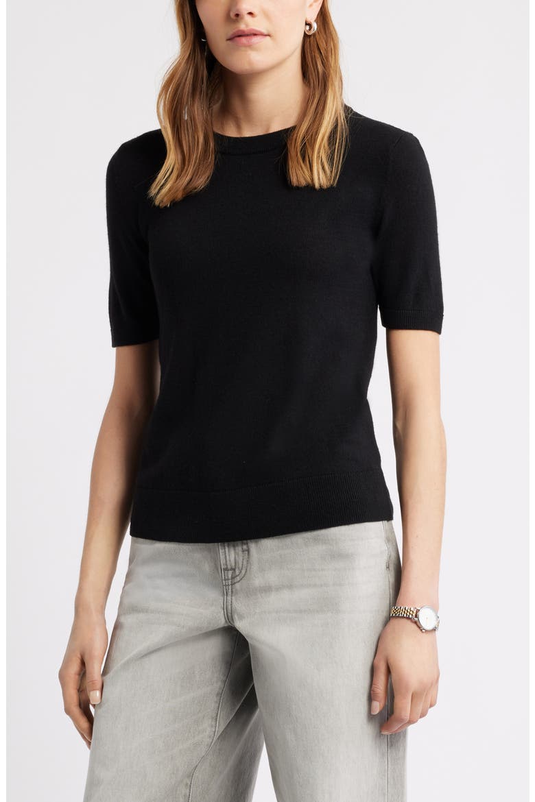 Short Sleeve Merino Wool Blend Sweater Top, Main, color, BLACK