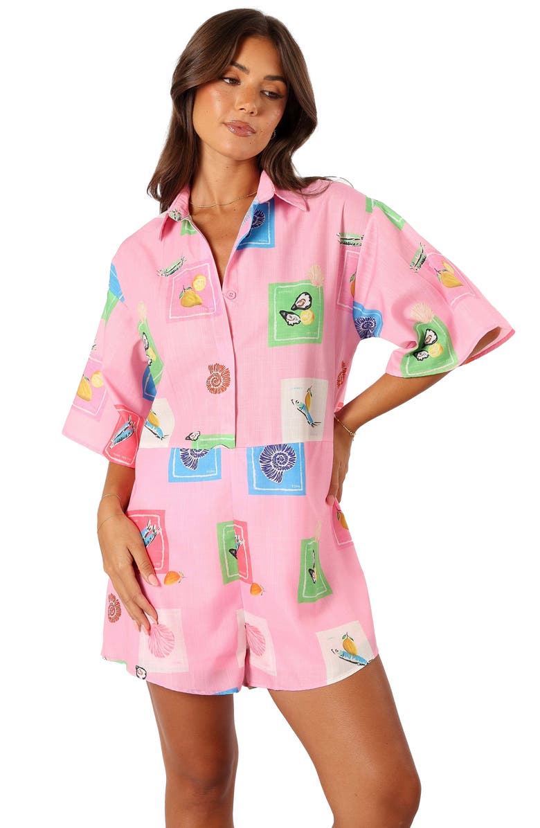 Petal & Pup Kellie Cotton Romper, Alternate, color, Pink Stamp Print