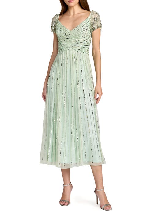 Beaded Sequin V Neck Cap Sleeve Midi Dress