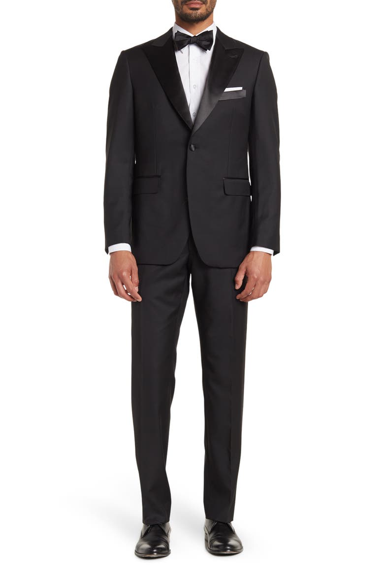 Mercantile One-Button Peak Lapel Tuxedo, Main, color, BLACK