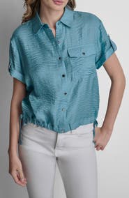 DKNY Twinkle Crinkle Roll Tab Cuff Button-Up Shirt