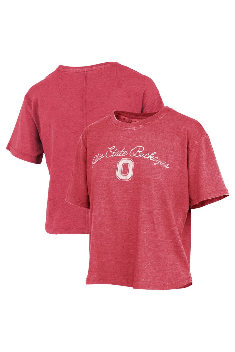 Women's Pressbox  Scarlet Ohio State Buckeyes Vintage Waist Length Script Over Logo T-Shirt, Main, color, Scarlet