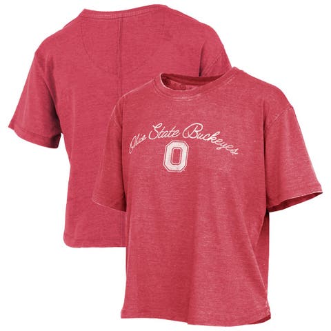 Women's Pressbox  Scarlet Ohio State Buckeyes Vintage Waist Length Script Over Logo T-Shirt
