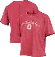 PRESSBOX Women's Pressbox  Scarlet Ohio State Buckeyes Vintage Waist Length Script Over Logo T-Shirt