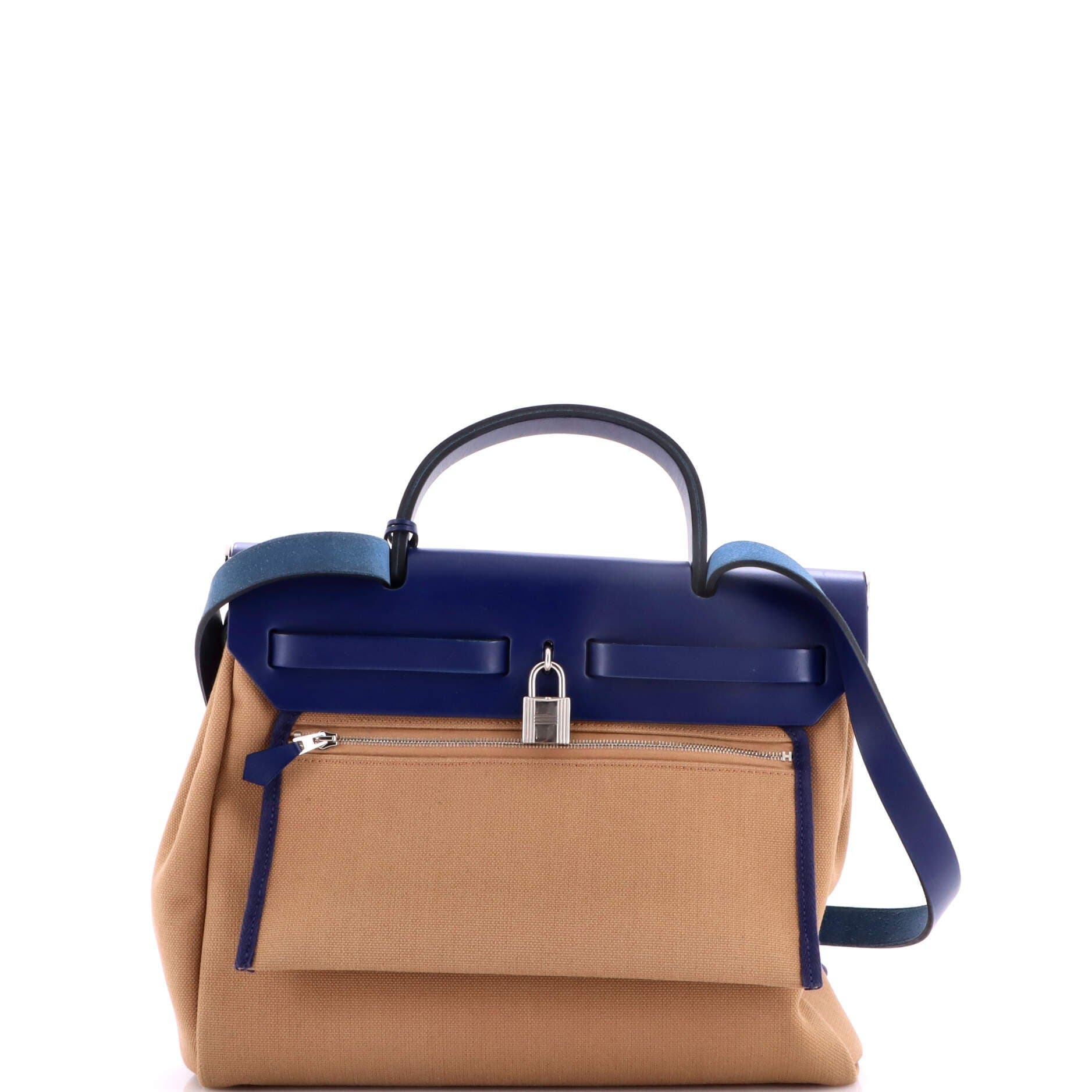 Pre-Owned Hermes Herbag Zip Leather and Toile 31, Alternate, color, Bleu Saphir