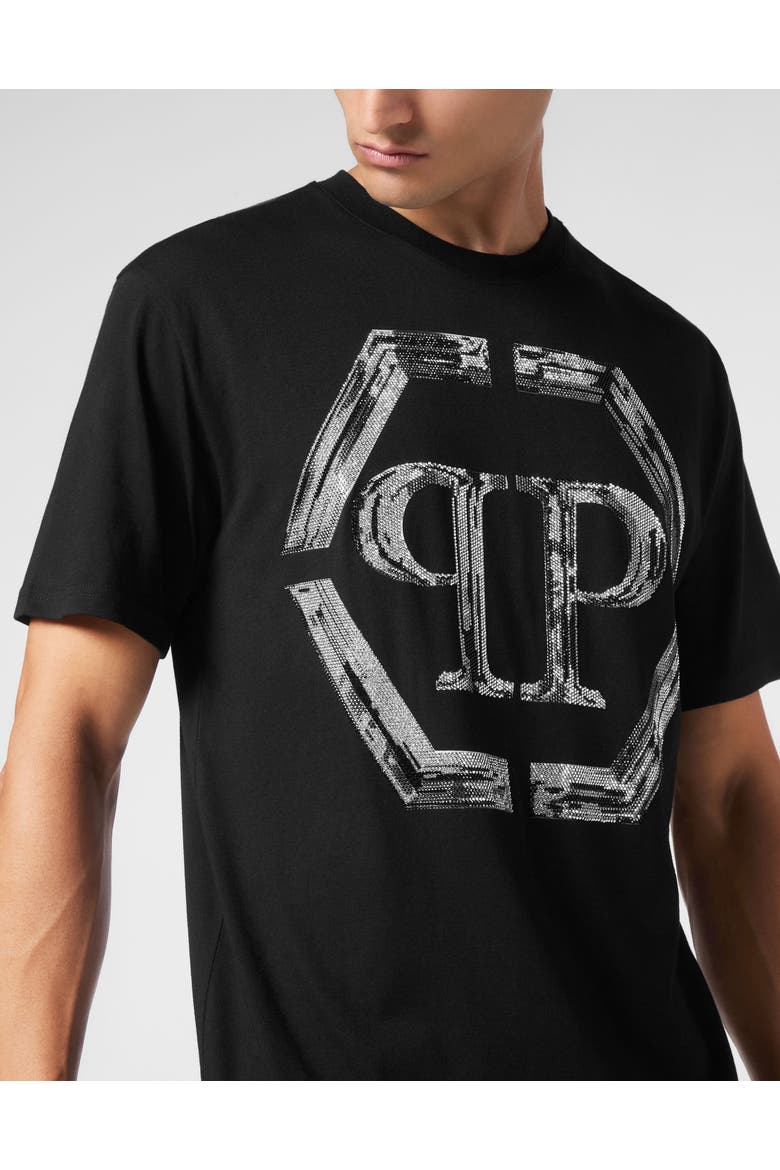 T-Shirt Round Neck Ss Strass Hexagon Men, Alternate, color, black