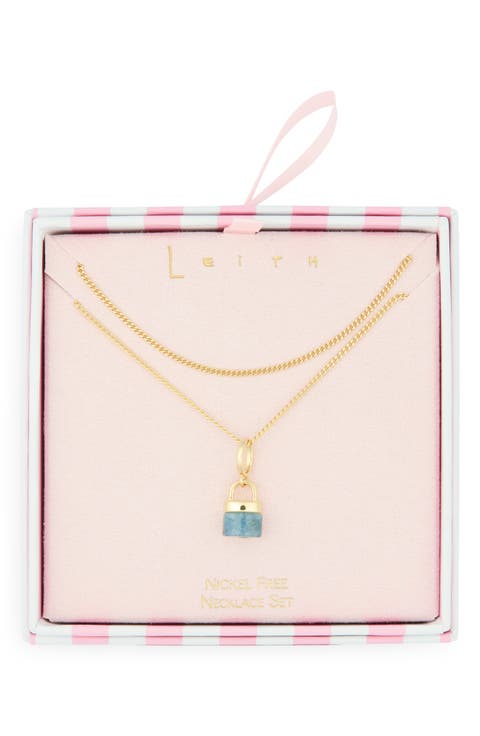 Set of 2 Stone Lock Pendant Necklaces