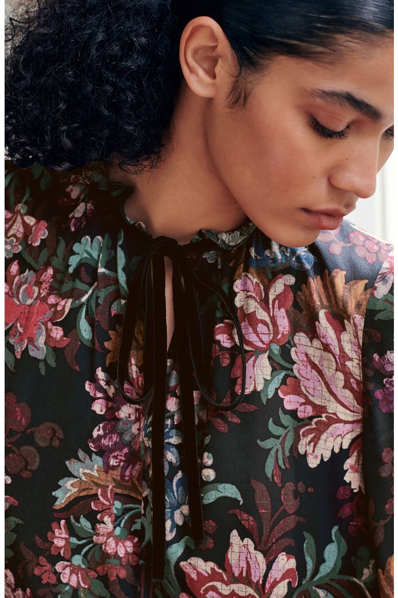 Floral Long Sleeve Ruffle Hem Dress, Alternate, color, BLACK