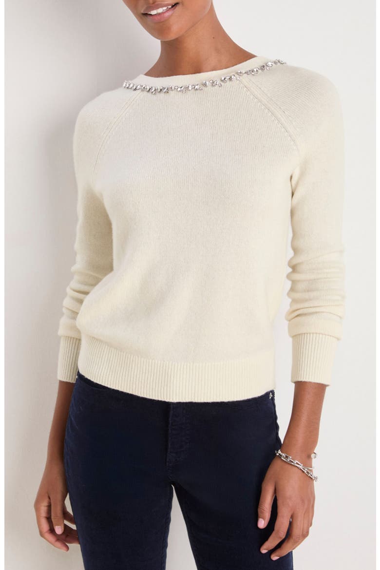 Rhinestone Embellished Wool Blend V-Neck Sweater, Main, color, MARSHMALLOW